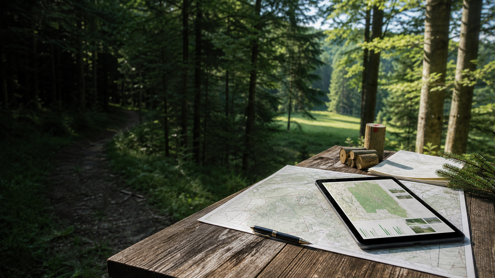 Waldverwaltung mit Karten, Unterlagen und digitalem Dashboard